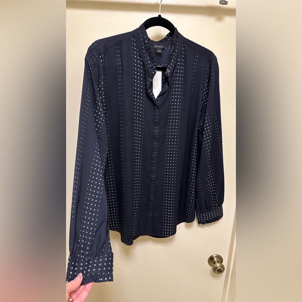 NWT Ann Taylor Navy Blue Button Down Shirt with Dot Design